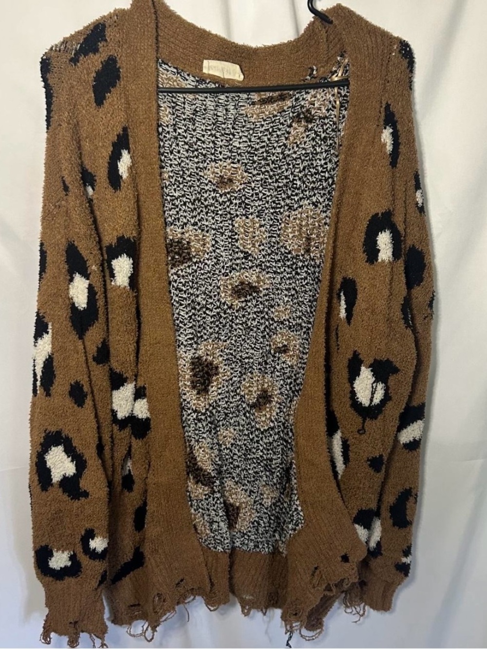 New In Mocha Leopard Print Distressed Knit Cardigan Size M
